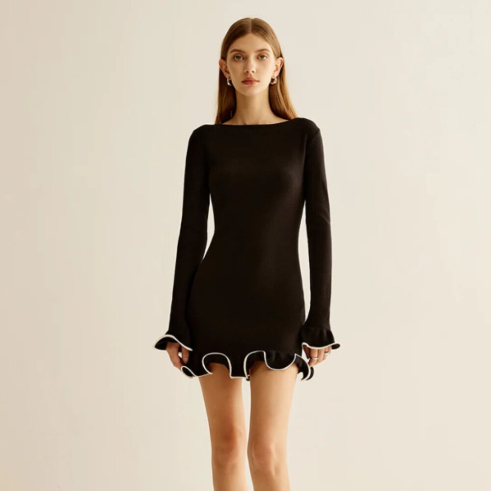 Commense Black Long Sleeve Dress with White Trim
